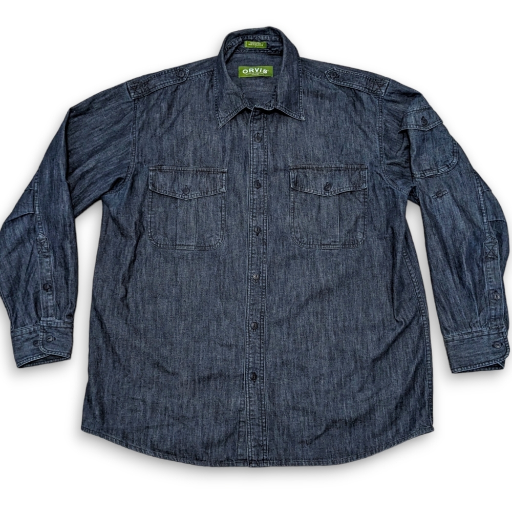 Orvis Men's Large Long Sleeve Denim Shirt Jean Fishing Work Outdoors Pockets